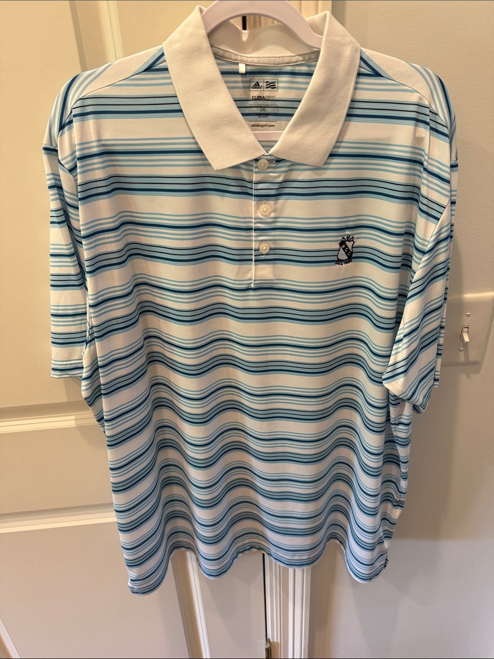 adidas Men’s White Polo with Light Blue Stripe Pattern